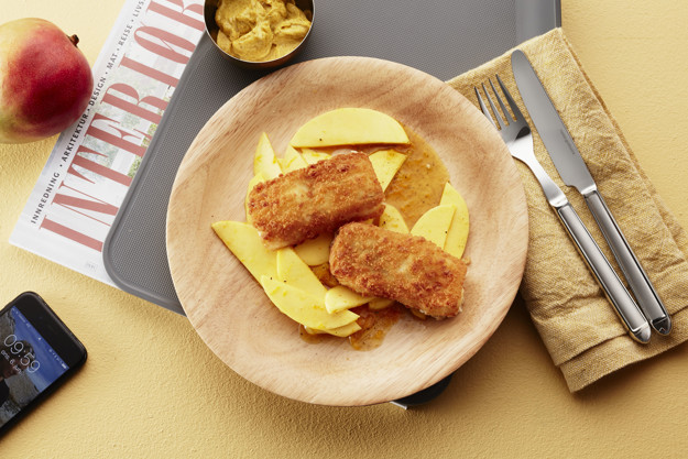 Panerte torskepinner med mango