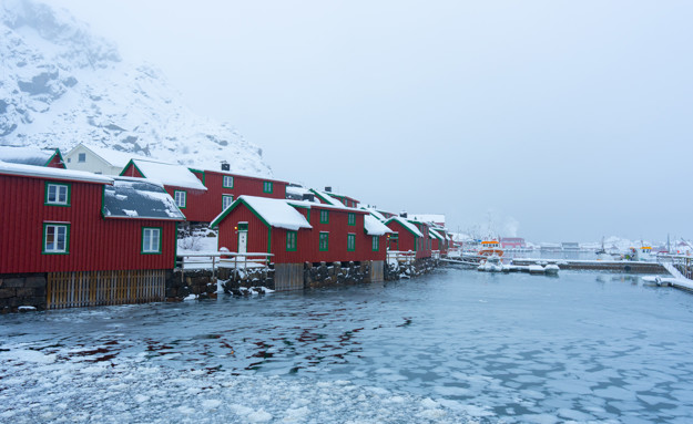 Langs venstre side ser man blått landskap med fjell med snø på, nederst er det blått hav. Midt mellom fjellet og havet på samme side ser man røde trehus med grønne karmer. I midten av bildet av bildet er en brygge med fiskebåter.  