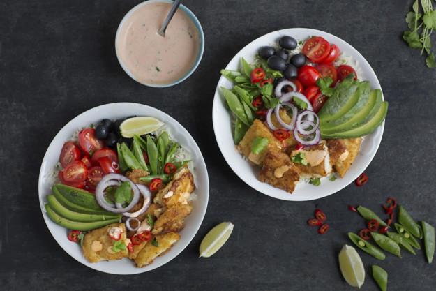 Burritobowl med panert torsk 